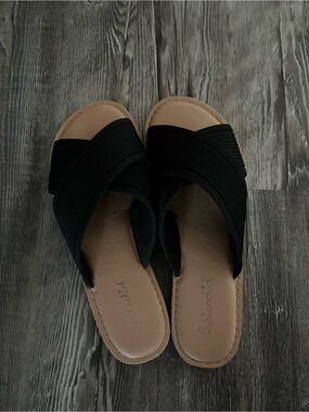 Splendid Black Crisscross Slide Mules with Tan Footbed